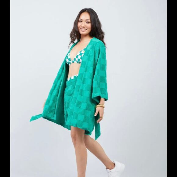 Melody Ehsani Womens Estelle Terrycloth Check Robe Kelly Green Size Small EUC - Picture 1 of 9
